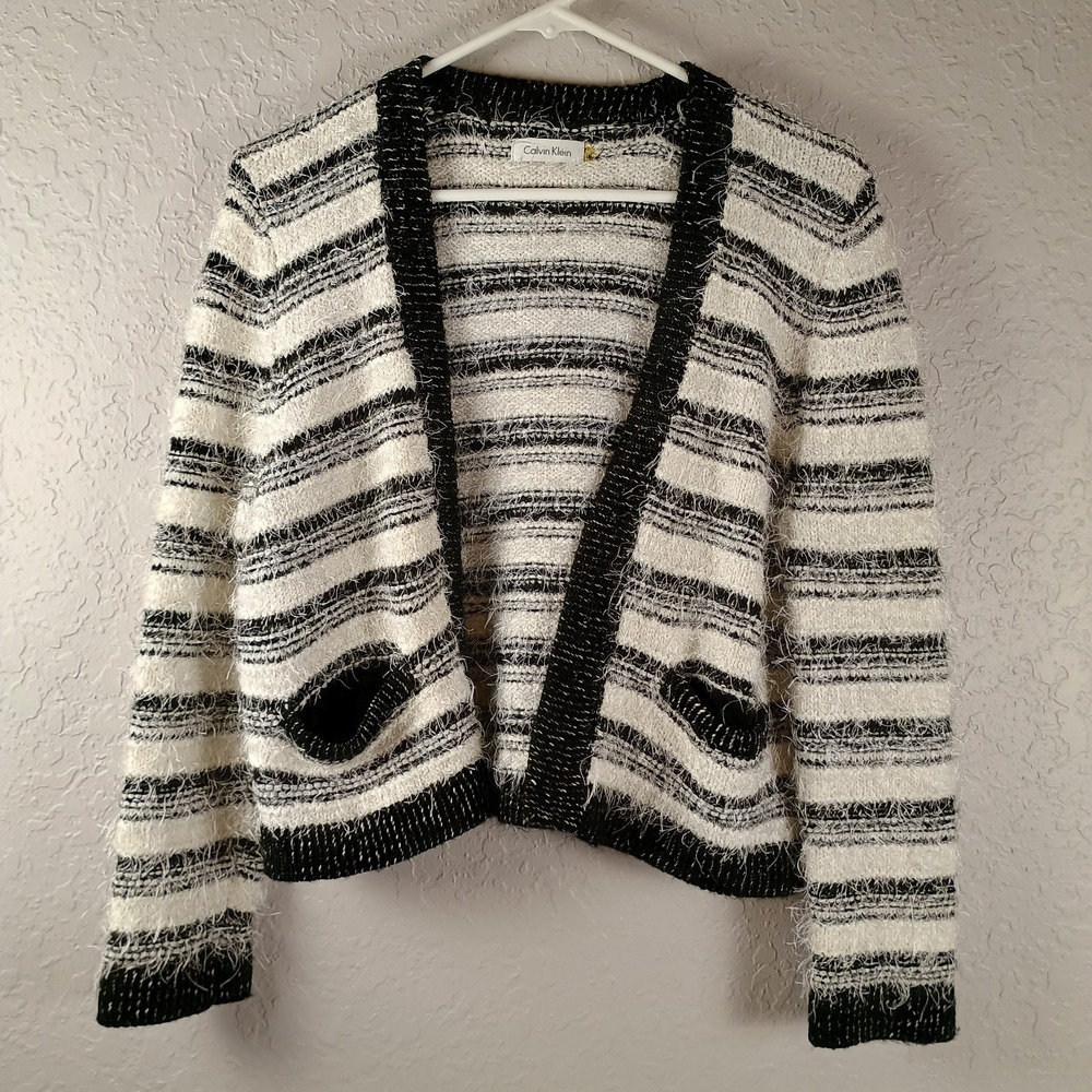 Calvin Klein Women's Size L Fuzzy Hairy Cropped‎ Open Cardigan Striped